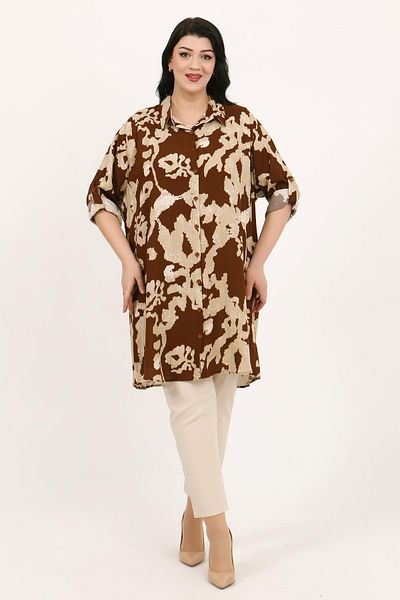 By Alba Collection Women's Tan Color Patterned Cotton Viscose Large Size Tunic