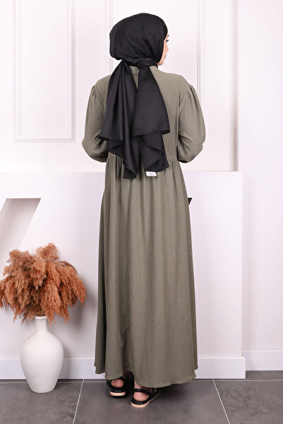 İmajButik Φόρεμα με ελαστικό γιακά με χακί μανίκια