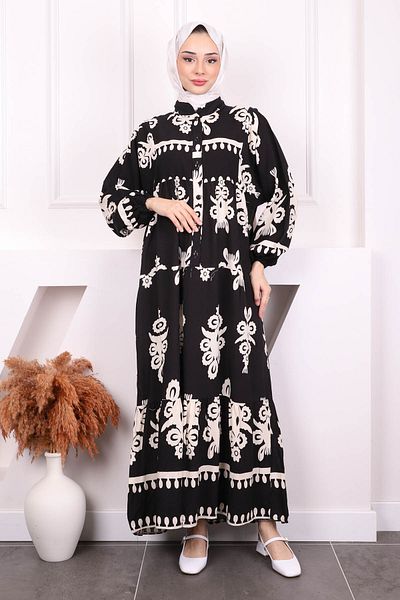 İmajButik Φόρεμα Viscon με μαύρο σχέδιο με μισό κουμπί