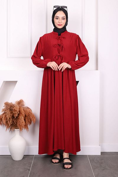 İmajButik Φόρεμα με μανίκια με ελαστικό γιακά με γραβάτα