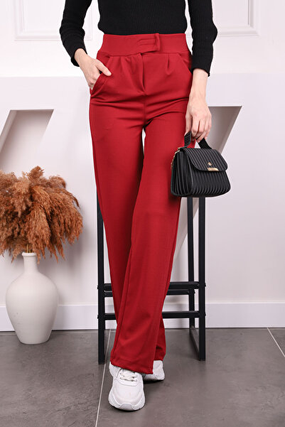 İmajButik Burgundy High Waist Palozzo Trousers with Velcro Waist