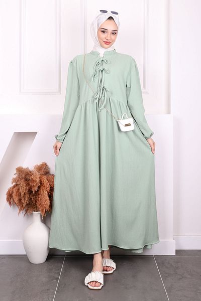 İmajButik Φόρεμα με πράσινο μανίκι με ελαστικό γιακά με γραβάτα