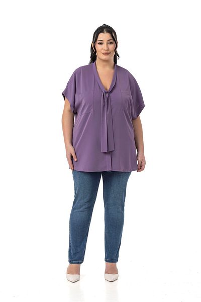 DISENTIS MODEST Large Size Purple Blouse with Tie-Up Detail at the Neckline and Low Half Sleeves