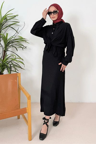 Bestenur 1362 Black Wrinkled Shirt Dress Double Set