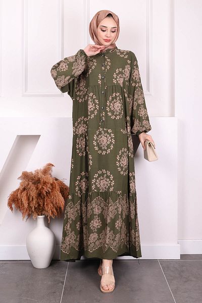 İmajButik Φόρεμα Viscon με μισό κουμπί με χακί σχέδιο