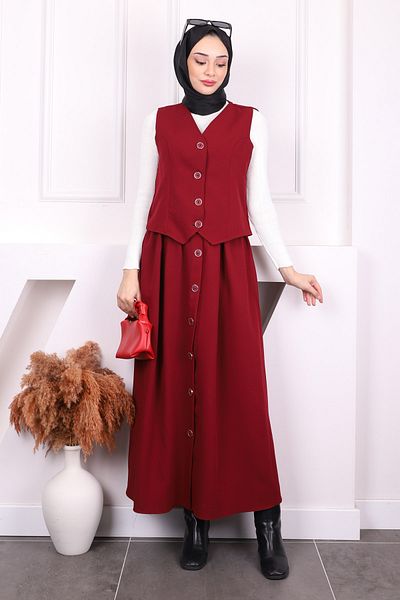 İmajButik Burgundy Vest Skirt Suit