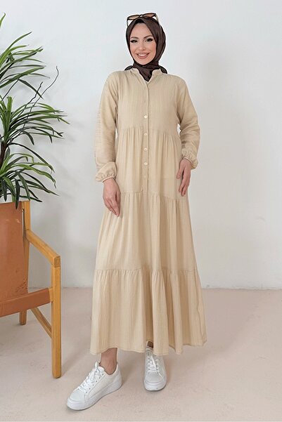 Bestenur Μπεζ φόρεμα Selur V λαιμόκοψη 1360