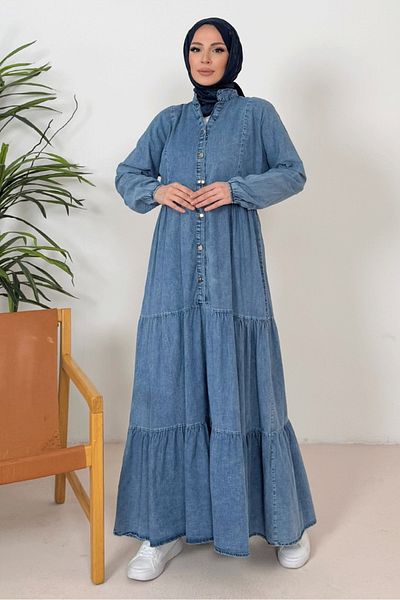 Bestenur Nidel Bat Sleeve Denim Φόρεμα 1377 - Μπλε
