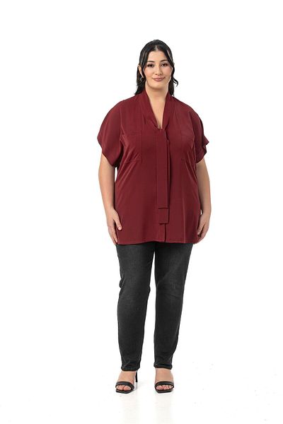 DISENTIS MODEST Large Size Burgundy Blouse with Tie-Up Detail at the Collar and Low Half Sleeves