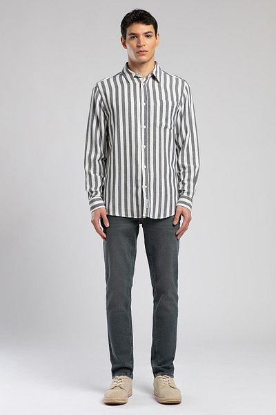 Lee Cooper Cızjo Men's Sleeve Woven Shirt Ecru-Navy Blue