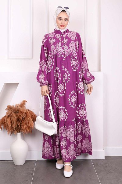 İmajButik Φόρεμα Viscon με μωβ σχέδιο με μισό κουμπί