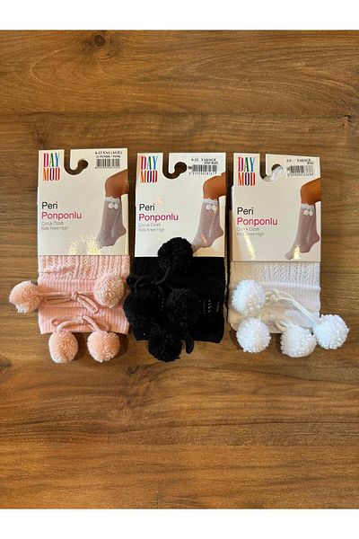 Daymod Children's Knee-High Socks with Fairy Pompom Pink-White-Black 3 Pcs