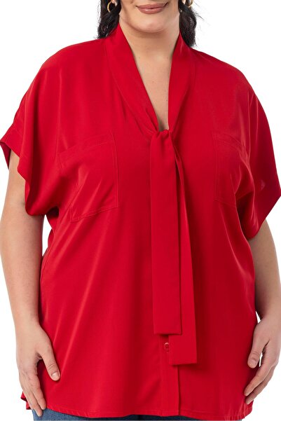 DISENTIS MODEST Large Size Red Blouse with Tie-Up Detail at the Collar and Low Half Sleeves