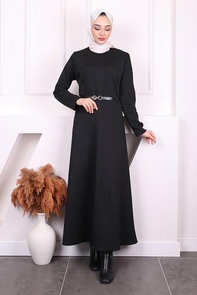 İmajButik Μαύρο φόρεμα κατάδυσης με ζώνη μέσης