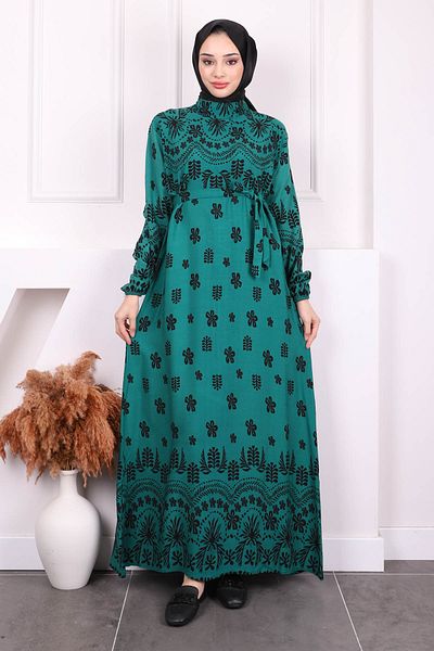 İmajButik Σμαραγδένια Πράσινη Φούστα με Σχέδιο Πολυεπίπεδο Φόρεμα Viscon