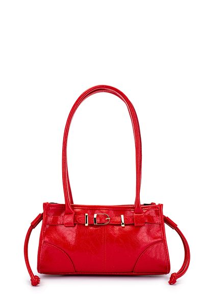 minebag Red Faux Leather Women's Shoulder Bag - Belt Detailed and Hairy