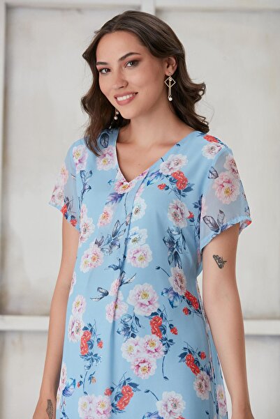 Işşıl IŞIL 4487-Μίνι φόρεμα εγκυμοσύνης με πλισέ γιακά λευκό τριαντάφυλλο κοντομάνικο