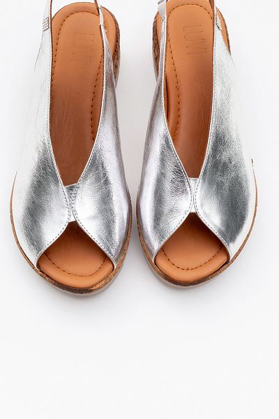 LuviShoes Sandale de damă BLOM argintiu din piele naturală cu toc cu pană