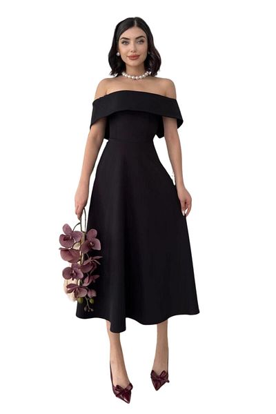 Moda Amore Women Evening Dress & Wedding & Wedding & Prom Dress - Midi Length 167 Madonna Collar Atlas Fabric