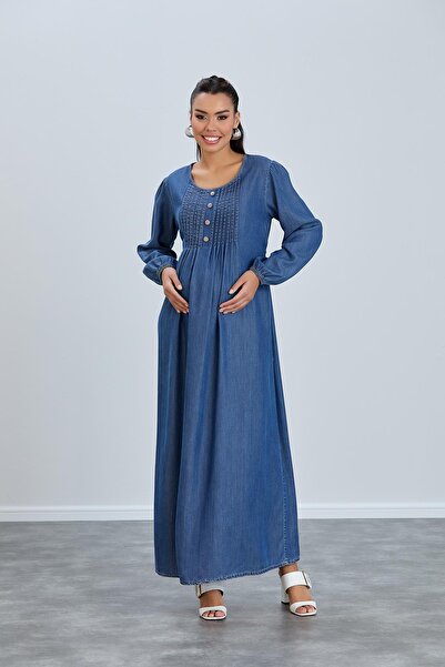 Işşıl IŞŞIL 455-Nervürlü Sıfır Yaka Liyosel Hamile Elbise