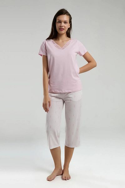 Arnetta Soft Textured Fabric V-Neck Short Sleeve Women's Capri Pajama Set