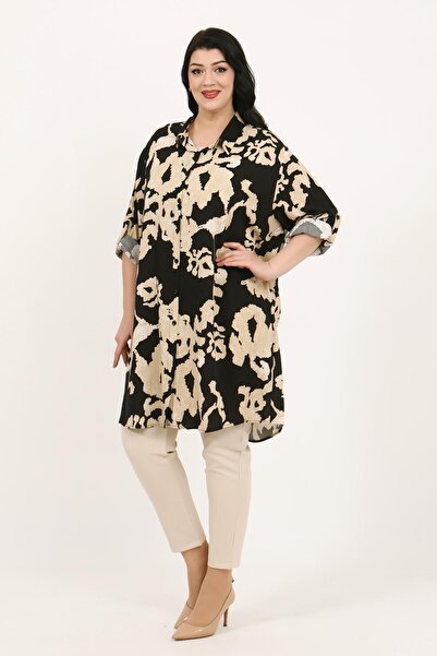 By Alba Collection Women's Brown Patterned Cotton Viscose Large Size Tunic