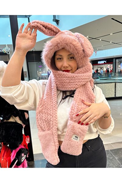 AKÇAY Şık Tasarımlı Kapüşonlu Peluş Bere , Atkı , Eldiven , Boyunluk