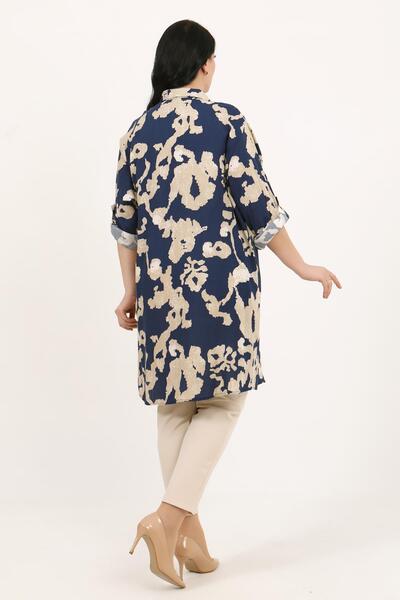 By Alba Collection Women's Navy Blue Color Patterned Cotton Viscose Large Size Tunic