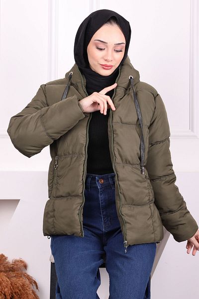 İmajButik Χακί πουπουλένιο παλτό με κουκούλα και τσέπες