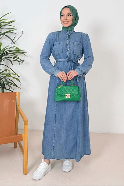 Bestenur Encer Half Button Denim φόρεμα 1370 - Μπλε