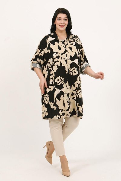 By Alba Collection Women's Brown Patterned Cotton Viscose Large Size Tunic