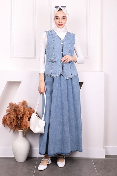 İmajButik Blue Vest Skirt Denim Suit