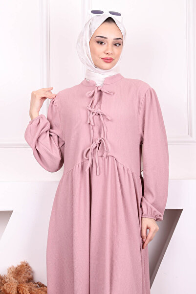 İmajButik Gül Kurusu Kol Lastikli Yaka Bağlamalı Bürümcük Elbise