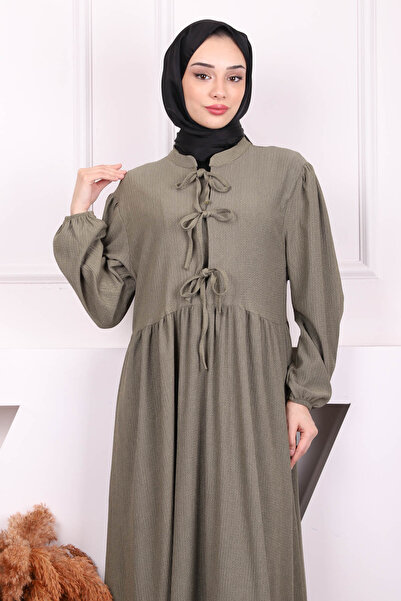 İmajButik Φόρεμα με ελαστικό γιακά με χακί μανίκια