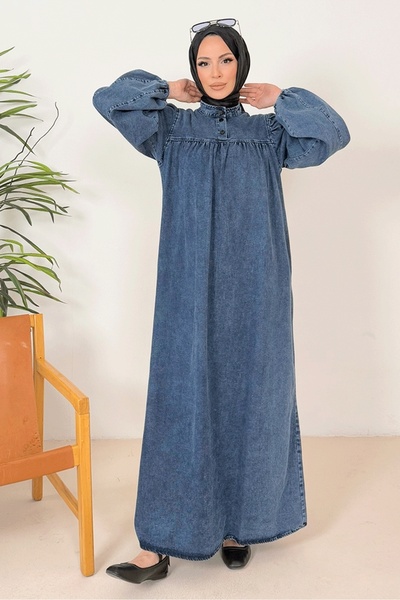 Bestenur Μπλε τζιν φόρεμα με μπαλόνι μανίκι 1382