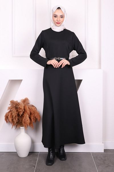 İmajButik Μαύρο φόρεμα κατάδυσης με ζώνη μέσης