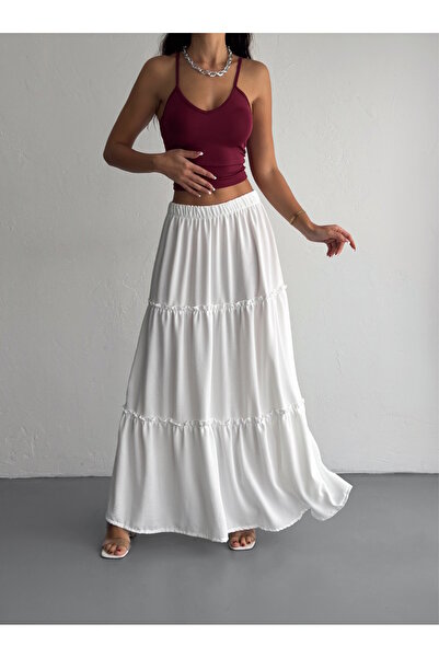 YUSUF CAN KARATAŞ KARATAŞ GİYİM Women's Large Size White Color Elastic Waist Ruffled Woven Fabric Long Skirt Length 100 cm
