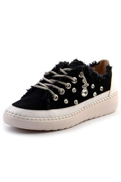 Erkan Saçmacı Tenis Valentina Black Denim Crystal Stone Silver cu șireturi