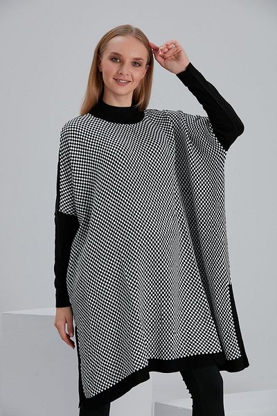 Işşıl 21135-Turtleneck Checkered Knitted Maternity Poncho-Tunic