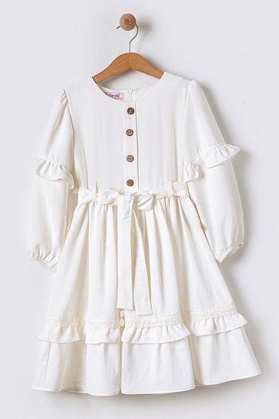 Tivido Long Sleeve Fabric Girl's Dress with Button Neckline Sash - Ecru