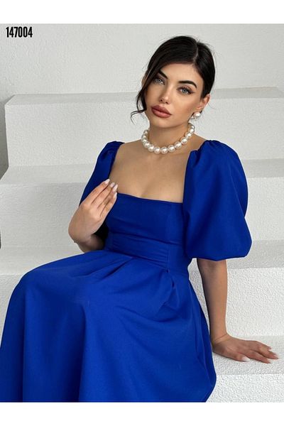 JANES Rochie midi roșie pentru femei cu mâneci cu balon și fuste clopot - Design elegant și șic
