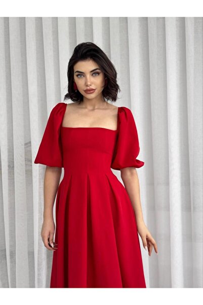 JANES Women S Red Midi Dress with Balloon Sleeves and A-Line Hem - Elegant and Chic Design
