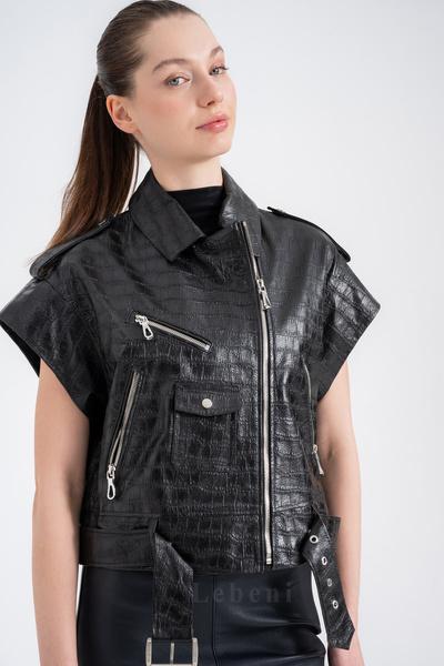 Lebeni Kadın Biker Kuzu Deri Yelek – Timsah Desenli Hakiki Deri Croco Yelek