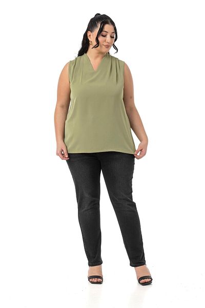 DISENTIS MODEST Plus Size Shoulder Pleat Detail V-Neck Sleeveless Pistachio Green Blouse