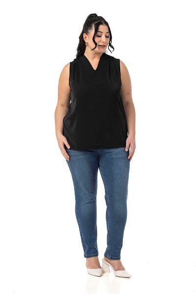 DISENTIS MODEST Plus Size Shoulder Pleat Detail V-Neck Sleeveless Black Blouse