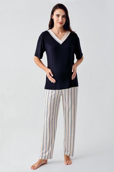 Artış Short Sleeve Striped Linen Effect Stretchy Viscose Maternity Dressing Gown Pajama Set