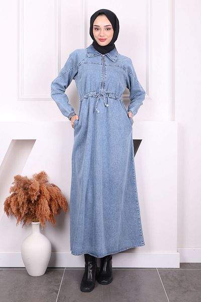 İmajButik Μπλε τζιν φόρεμα με φερμουάρ μπροστά στη μέση