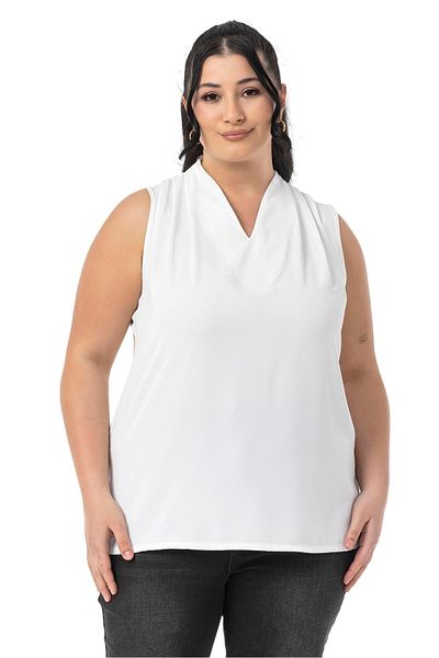 DISENTIS MODEST Plus Size Shoulder Pleat Detail V-Neck Sleeveless White Blouse