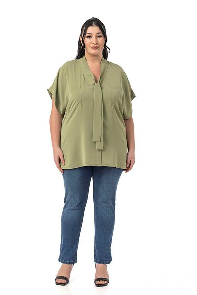 DISENTIS MODEST Large Size Tie-Up Collar Detail Low Half Sleeve Pistachio Green Blouse