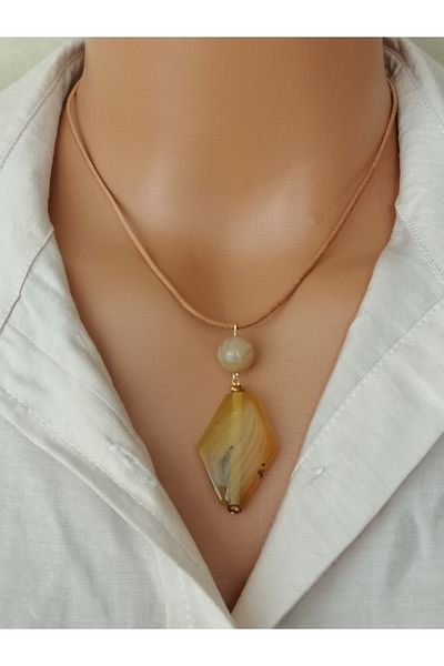 LemaStone Natural Stone Leather Necklace (Designed Using Aa Quality Agate Stone, Jade Stone, Ceint Stone.)